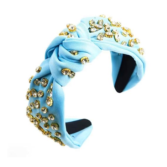 Women's Headband,FabricHeadband Knoted and Diamond-encrusted Female Headband, Stylish and Cute tie Head Band, Girl's Headband Girl's hair band (Light blue)