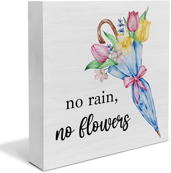 Country Farmhouse Spring Wood Box Sign Decor Desk Sign Spring No Rain No Flowers Quote Wooden Box Block Sign Rustic Home Shelf Wall Decoration