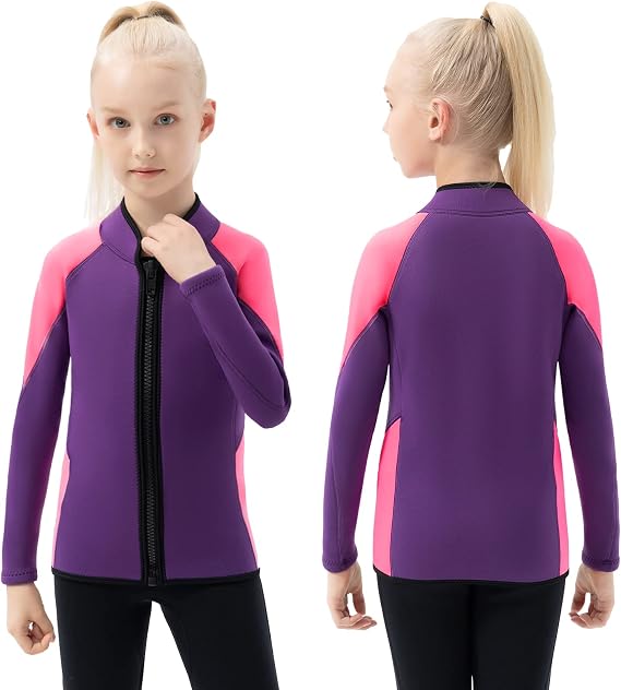 Kids Wetsuit Jackets 3mm Wetsuit Tops Boys Girls Long Sleeve Neoprene Wet Suit Jackets Front Zip Keep Warm for Water Sports Swimming Diving Surfing Kayaking