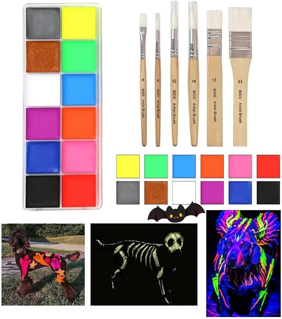 UV Neon Fluorescent Pet Dye, 12 Colors Temporary Dog Hair Dye with Brush, Non-toxic Vibrant Colors Halloween Pet Hair Painting Set, Oil-based Pet Hair Dye, Soluble in Turpentine/Makeup Remover/Alcohol