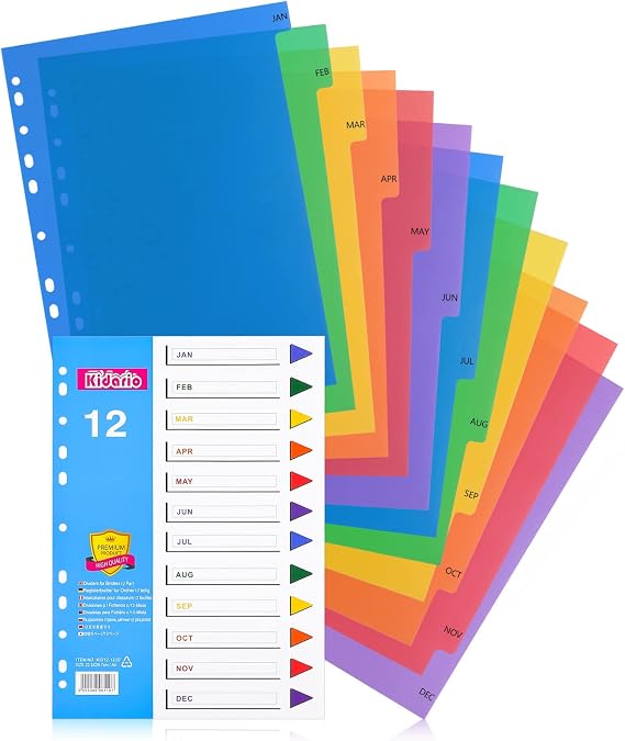 File Dividers A4, 12 Part Folder Dividers, 3 Pack Extra Wide Pre-Punched Leverl Arch Folder in Assorted Colours, Plastic Binder Dividers (Months Tabs)