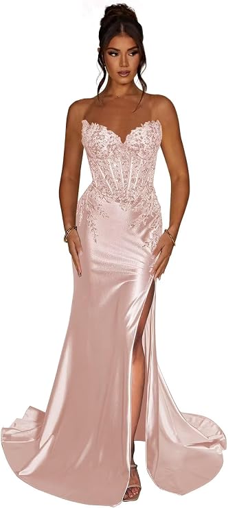 Strapless Mermaid Prom Dresses with Slit Lace Applique Satin Long Formal Evening Party Gowns for Women 1002