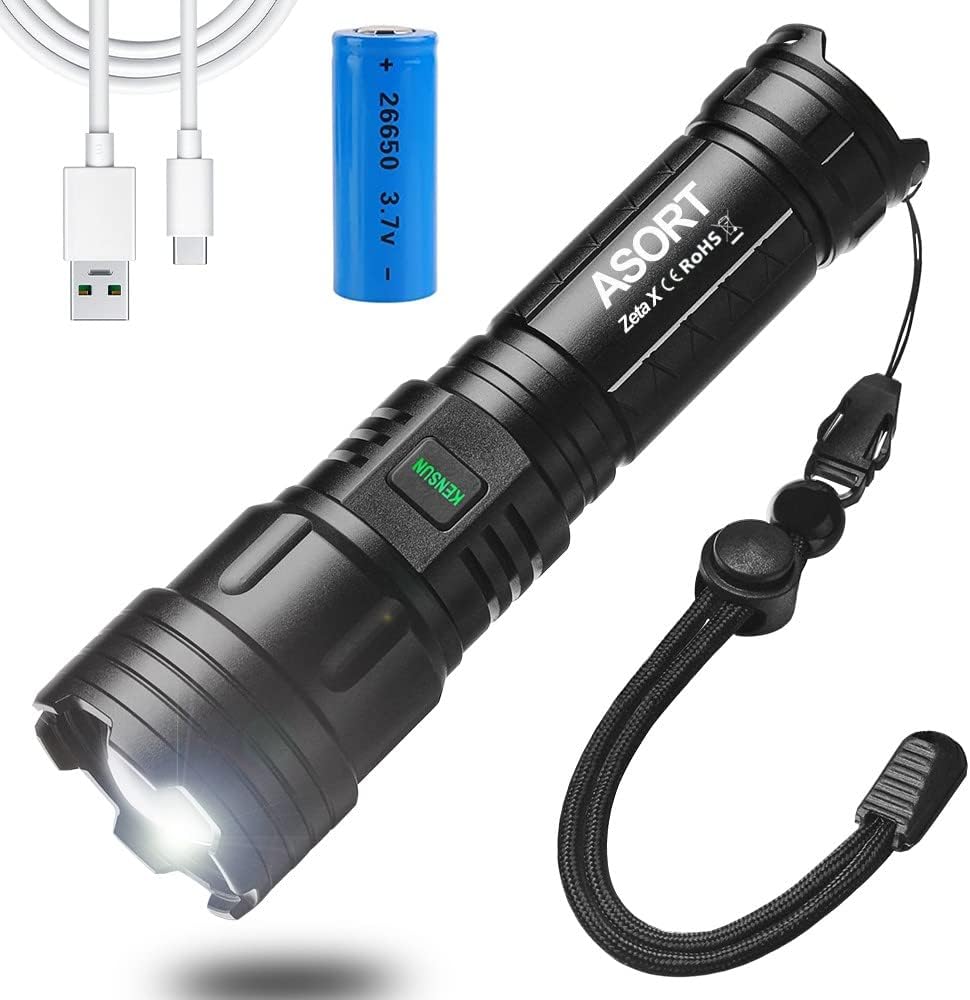 ASORT led Torch Super Brigh12000 Lumens,USB Rechargeable Flashlight, Battery Powered, 8 Modes Adjustable Focus, Water Resistant Zoomable, Camping Outdoor Walking Running