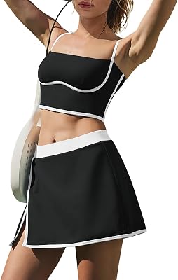 LAMISSCHE Tennis Skirt Sets Women 2 Piece Outfits Yoga Workout Set Skirt and Top Set with Built in Bra & Shorts