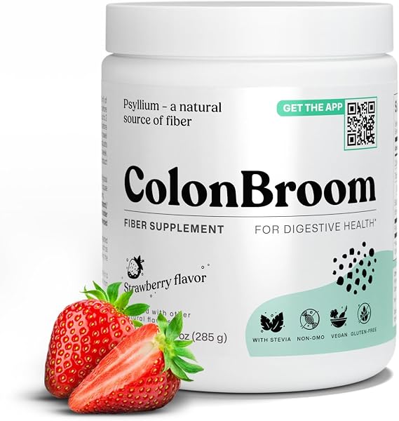 ColonBroom Psyllium Husk Fiber Powder, Strawberry, Gut Health, 50 Servings | Colon cleanse drink for bloating relief and regularity; vegan, gluten free, non-GMO, easy to mix, sugar free*