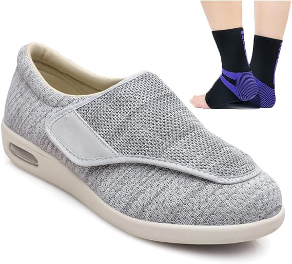 Diabetic Shoes Men's Women's Casual Shoes with Velcro Fastening Wide Fit Shoes for Swollen Feet Health Shoes Seniors Trainers Deer Shoes Light Grey EU 47