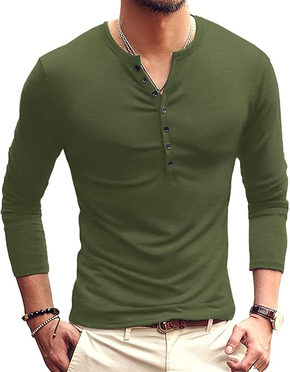 YTD Mens Casual Slim Fit Basic Henley Long Sleeve Fashion T-Shirt