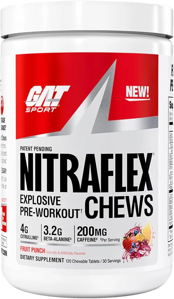 GAT SPORT NITRAFLEX PREWORKOUT Chews, Fruit Punch, 120 Tablets | Pre-Workout Energy Supplement, Supports Healthy Blood Flow, Boosts Strength & Energy, Creatine-Free