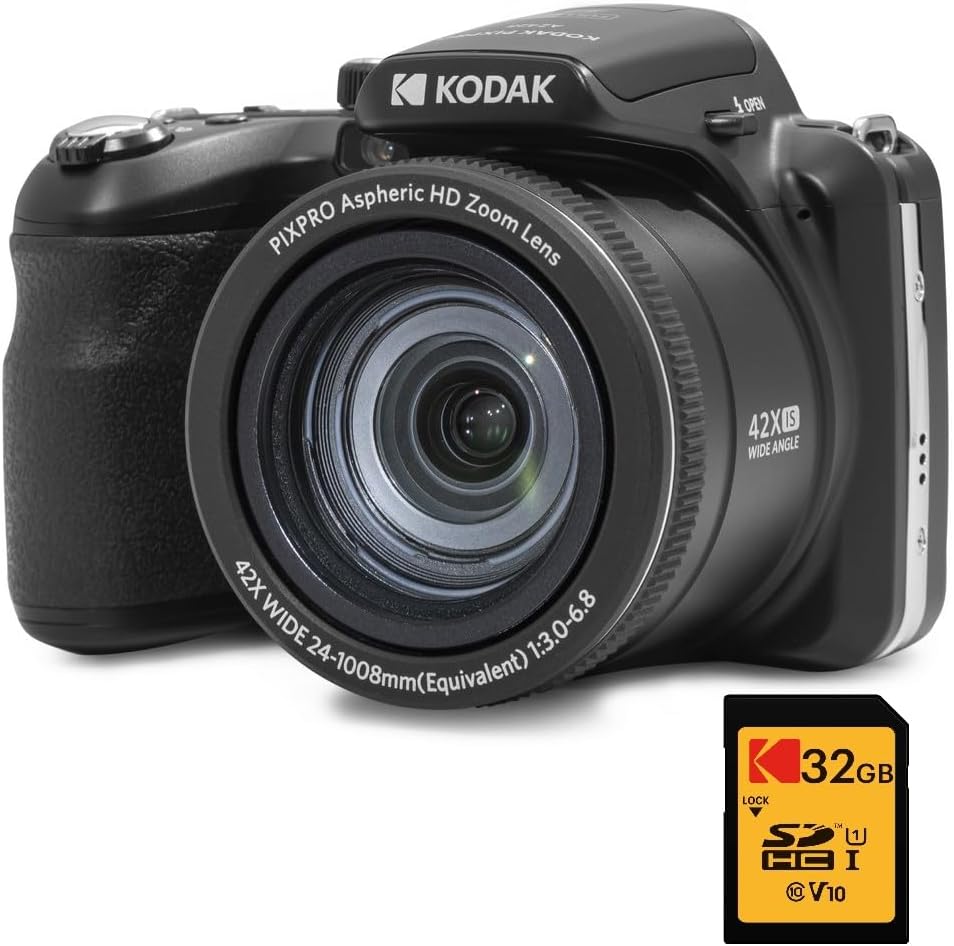KODAK Digital Bridge Pack Pixpro Astro Zoom AZ425 + 32GB SDHC Card – 20MP Camera, 42X Zoom, Wide Angle, 3" LCD Screen, Full HD 1080p Video, Li-ion Battery – Black