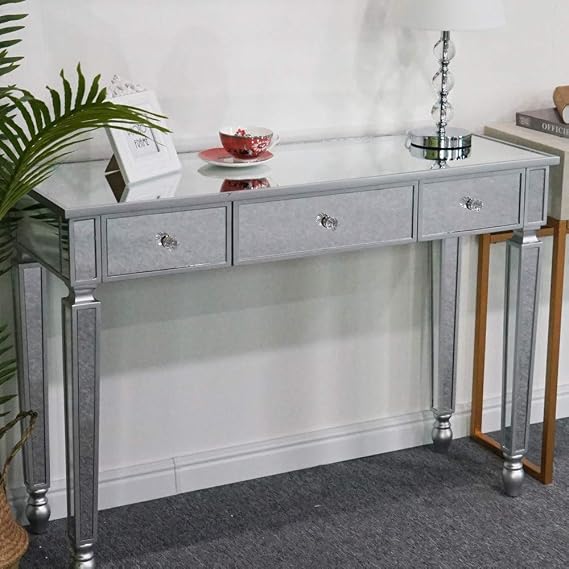 Mirrored Console Table,Mirrored Makeup Vanity Table Desk, Drawer Media Console Table for Women Home Office Writing Desk Smooth Finish (Style 3)
