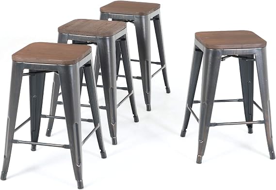 ALPHA HOME 24" Barstools Set of 4 Counter Height Metal Bar Stools with Wood Seat, Vintage Metal Backless Distressed Metal Finish for Industrial Appeal, Black+Brush Rusty Gold