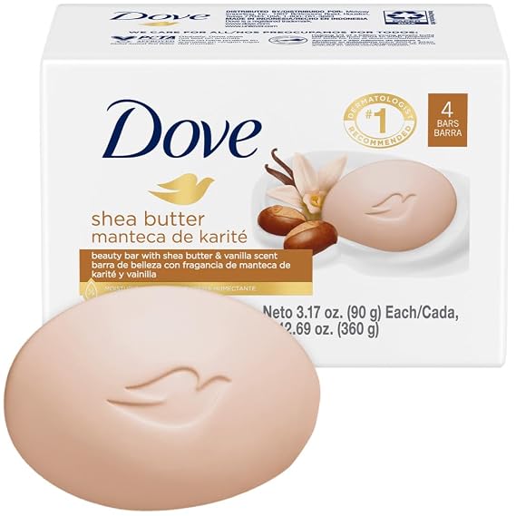 Dove Soap, Shea Butter & Vanilla Beauty Bar Pack (4 Soap Bars) 3-in-1 Moisturizing Face, Body & Hand Soap, 3.17 Oz Ea
