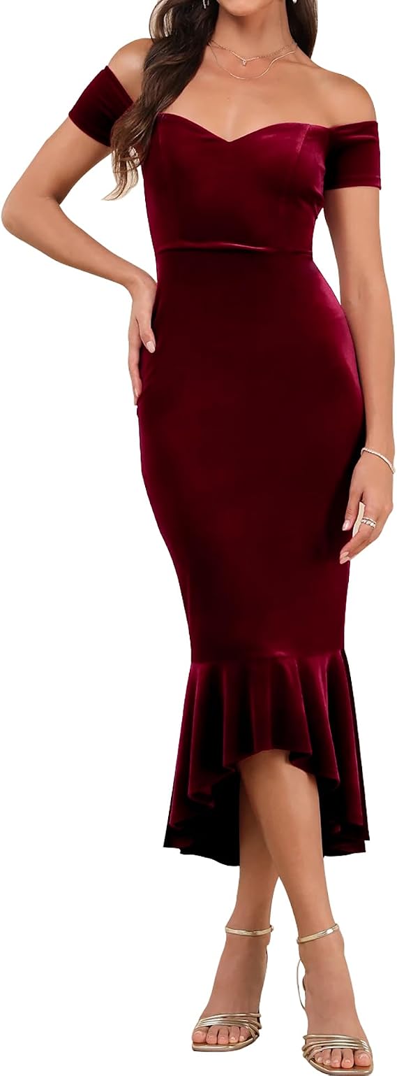 LuFeng Women's Velvet Off Shoulder V-Neck Bodycon Mermaid Dress Ruffle Hem Wedding Guest Cocktail Formal Dress