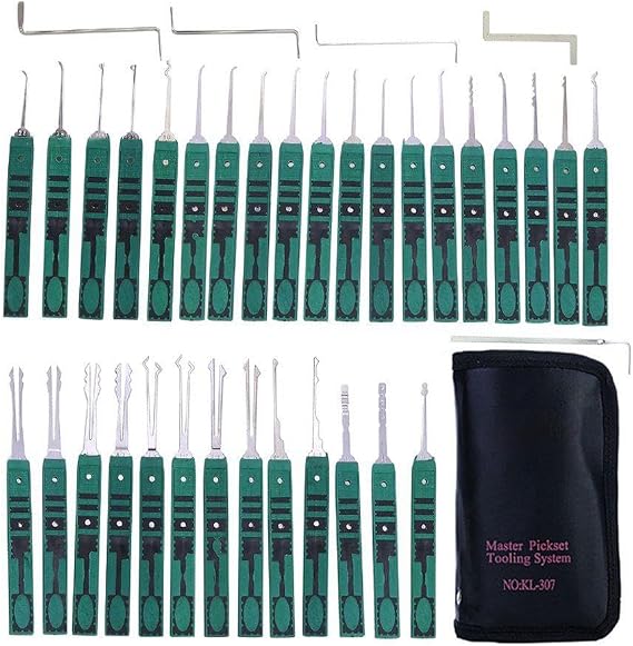 Green Non Slip Handle Lock Pick Set with Multi Profile Stainless Picks Auxiliary L Shape Tension Wrenches and Black Zipper Nylon Storage Pouch for Locksmith Hobby Training and Beginner Skill Learning