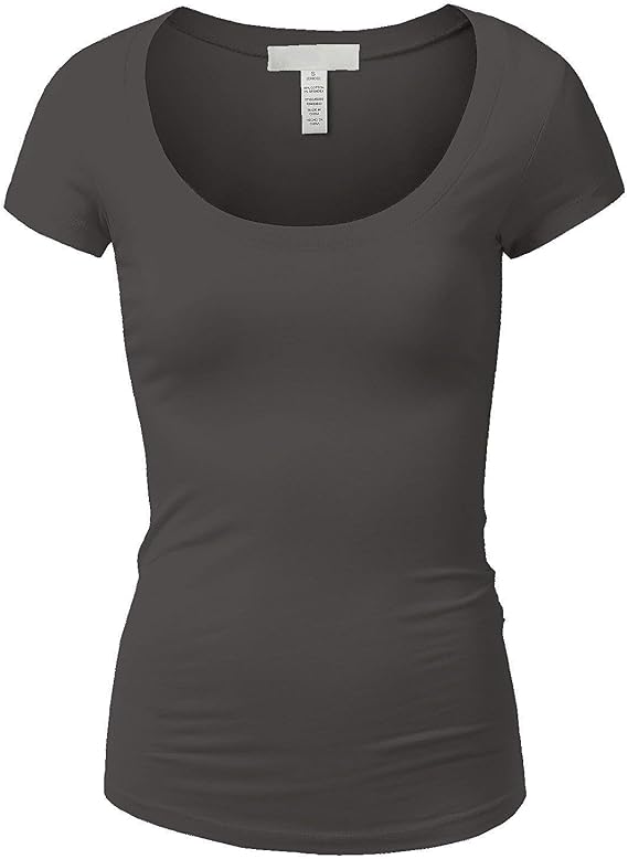 Active Basic Womens Plain Basic Deep Scoop Neck with Cap Short Sleeves, Charcoal, Small