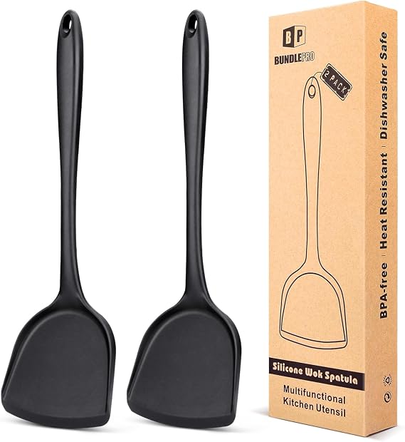 Pack of 2 Silicone Wok Spatula, Non-Stick, Heat, Stain and Odor Resistant, Easy to Clean and Dishwasher Safe, Seamless Kitchen Utensil for Cooking, Baking, Stir-Fry (Black)