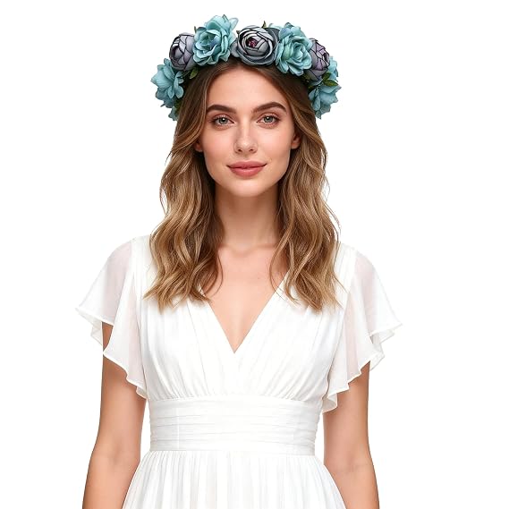 Women Rose Floral Crown Hair Wreath Leave Flower Headband with Adjustable Ribbon (Blue)