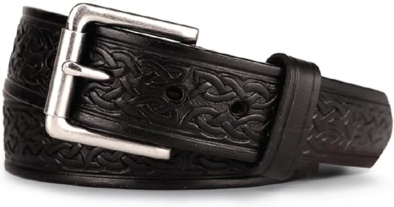 Bullbelt Full-Grain Leather Gun Belt - 1.5 Wide Black Celtic Pattern EDC CCW Concealed Carry