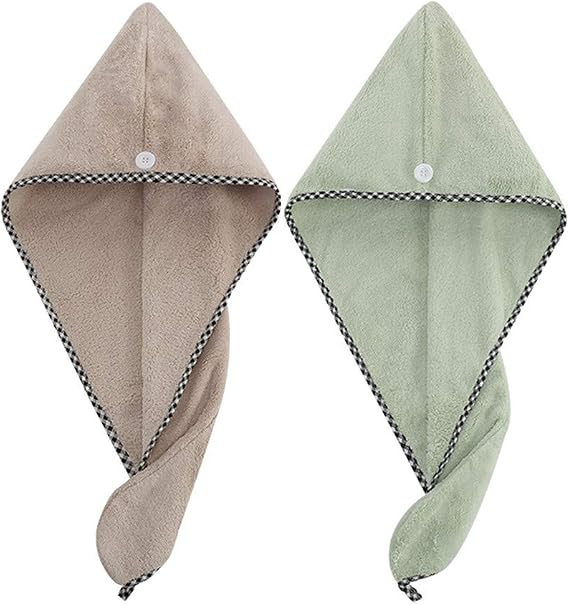 RemeeHi Hair Towel Wrap 65x25cm Microfiber Head Drying Towels Quick Dry Hat with Button Shower Wrapped Cap 2 Pack Khaki + Light Green