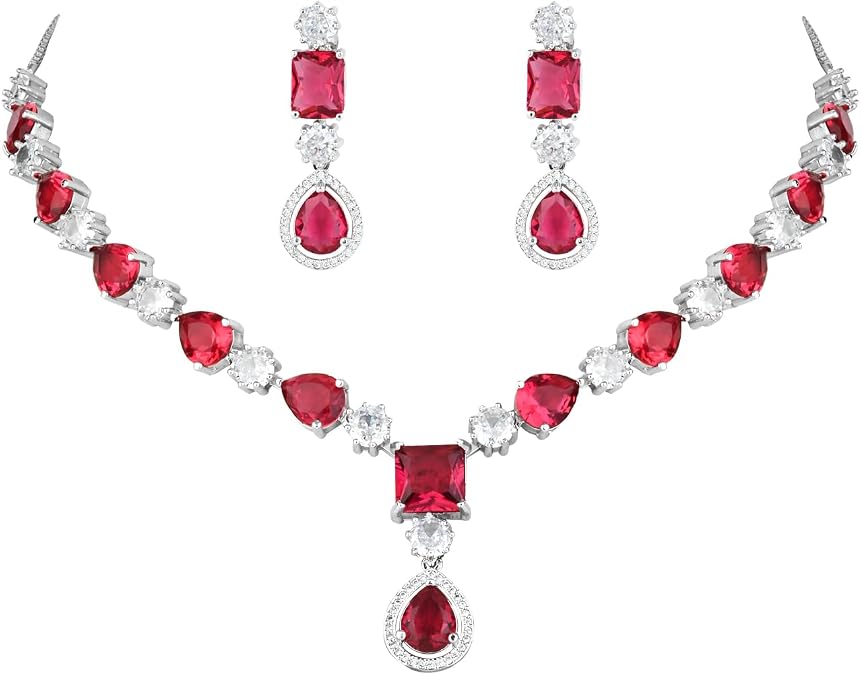I Jewels Silver Plated Indian Wedding Bollywood Cubic Zirconia American Diamond Necklace & Drop Earrings Jewellery Set