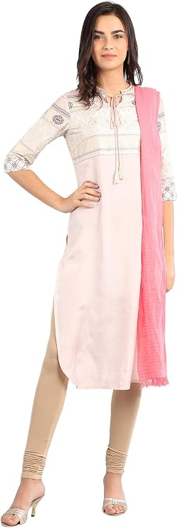 aurelia Women's Pink Geometric Band Collar Kurta Tunic Top