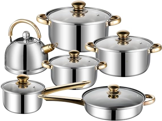 12 Piece Stainless Steel Cookware Set, Kitchen Removable Handle Pots and Pans Set, Frying Pans Saucepans with Lid, Golden Handles, for All Stoves (12 pcs/with Kettle)