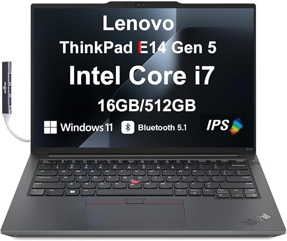 Lenovo ThinkPad E14 Gen 5 Business Laptop, 14.0 IPS WUXGA Display (Intel Core i7-1355U (Beats AMD Ryzen 5 7535U) 16GB DDR4 RAM, 512GB PCIe NVMe SSD, WiFi 6E, Win 11 Pro) w/DKZ USB Hub