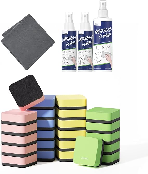 loukin Whiteboard Accessories Bundle | Non-toxic Whiteboard Cleaner Kit (8.5 fl oz) & Mini Magnetic Dry Erase Eraser 24 Pack