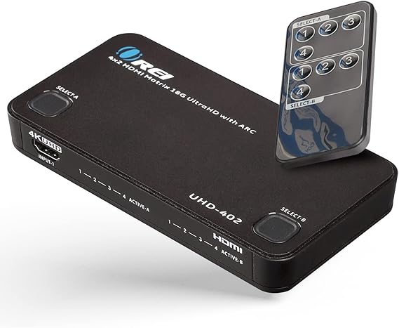 OREI 4x2 HDMI Matrix Switch 4K@60Hz with ARC Support, IR Remote, HDCP 2.2 | 4x2 HDMI Matrix, 4 HDMI Ports Matrix HDMI 2.0, 600MHz, DTS-HD, Dolby TrueHD, independent matrix & splitter modes