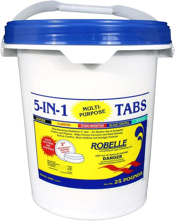 Robelle 25-Pounds Premium 5-In-1 Multi-Purpose Pool Chlorine Tablets 3 Inch | Sanitizer, Clarifier, Stain Inhibitor, Algae Control, Descaler, Sunlight Protector All in One Wrapped Tab, Made in USA
