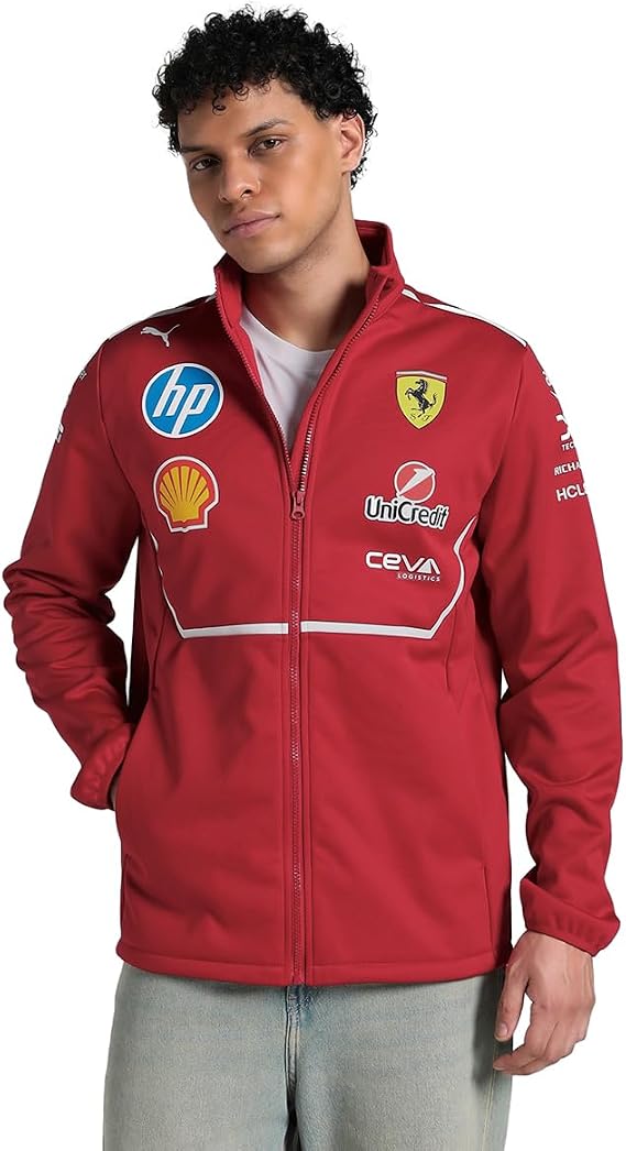 PUMA Scuderia Ferrari F1 2025 Team Softshell Jacket - Red | Team softshell jacket with zip up hood and side section, Team stripe detail, Officially licensed