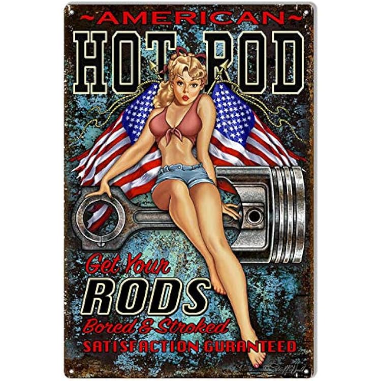 Vintage Style Metal Tin Sign 8x12inch Hot Rod Pinup Girl Metal Tin Sign Nostalgic Metal Sign Home Decor for Club Bar Cafe