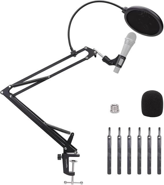 Amazon Basics Adjustable Microphone Boom Arm Stand, 14 inch, Supports Standard Microphones, Adjustable Tension, Includes Pop Filter & Windscreen, Desk Clamp Mount, Black