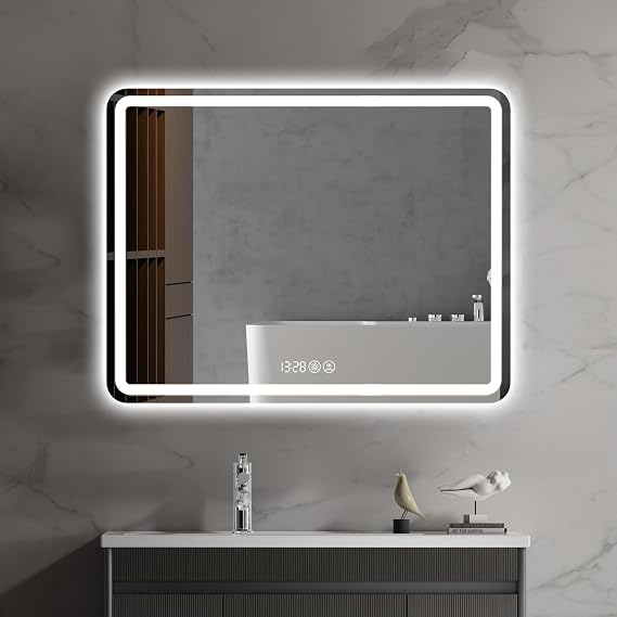 LED Bathroom Mirror, 36 x 28 Inch Bathroom Mirrors for Over Sink, Smart Mirror with Time Temperature Display, Anti-Fog, Dimmable, Memory Function, 3 Colors Smart Bathroom Mirror, Front and Backlit