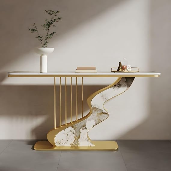 LAKIQ Modern Stone Top Narrow Console Table with Unique Metal Base Rectangular Home Decor Entryway Table for Small Space (Gold/White-Gold, 59" L x 12" W x 31.5" H)