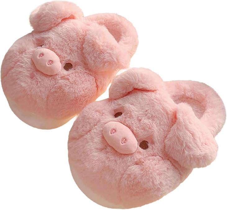 Animal Fuzzy Slippers for Women Cute Womens Pig Elephant Fluffy Plush Warm House Slippers, Winter