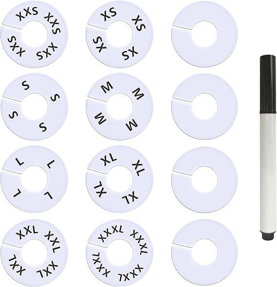 13 Pcs Clothing Rack Size Dividers Round White Plastic Size Markers for Clothing Rack Pre-Labeled (XXS-L) & Blank Dividers & Erasable Pen for Closet, Retail Store, Wardrobe