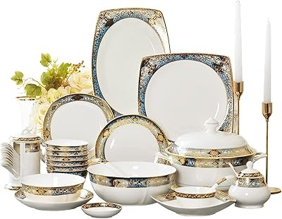 Dinnerware Sets - Luxury Gift Dishes Service Set, 80 Piece Bone China Tableware Set for 10 People, European Style Embossed Gold Pattern Dinnerware Set with Bowls and Plates, oujinmm2024327
