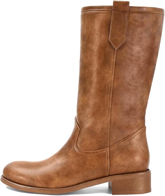 Mid Calf Boots for Women Chunky Block Heel Pull On Boots Round Toe Low Heel Trendy Stylish Riding Boots
