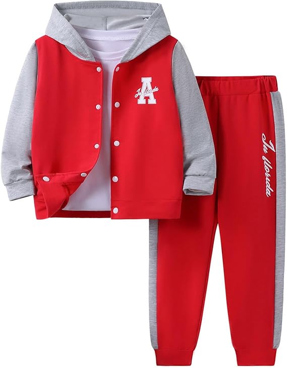Boys Clothes Button Down Hoodies & Jogger Pants Set Casual Color Block Sweatsuit (Size: 5-9T)