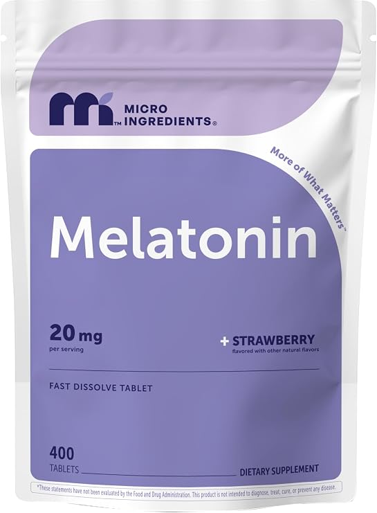Micro Ingredients Melatonin 20mg, 400 Tablets | Strawberry Flavor | Fast Dissolve | 100% Drug Free | Vegetarian Friendly | Non-GMO, No Gluten, Sugar Free