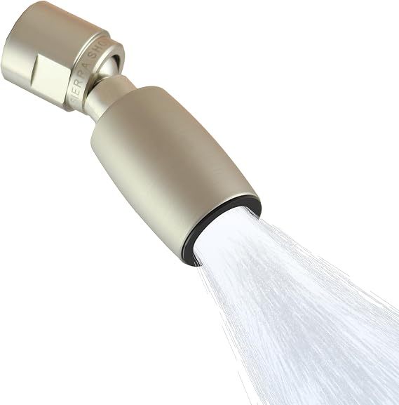 High Sierra ClassicTM Solid Metal 1.25 GPM Award Winning, Ultra Low Flow Shower Head. Patented Nozzle Never Clogs. Long Nut Hides Shower Arm Threads. Brushed Nickel Finish