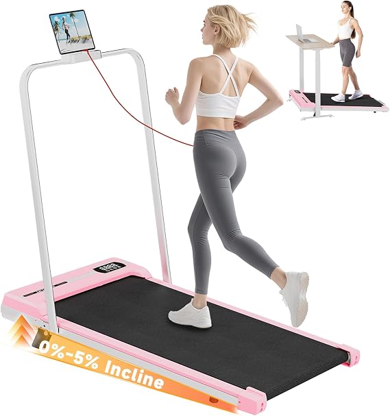 HomeFitnessCode Incline Walking Pad with Handle Bar, Folding Treadmill Foldable Portable Under Desk for Home Office, Ultra Quiet <45dB, Safety Lock, 300+ LB Capacity, Pink