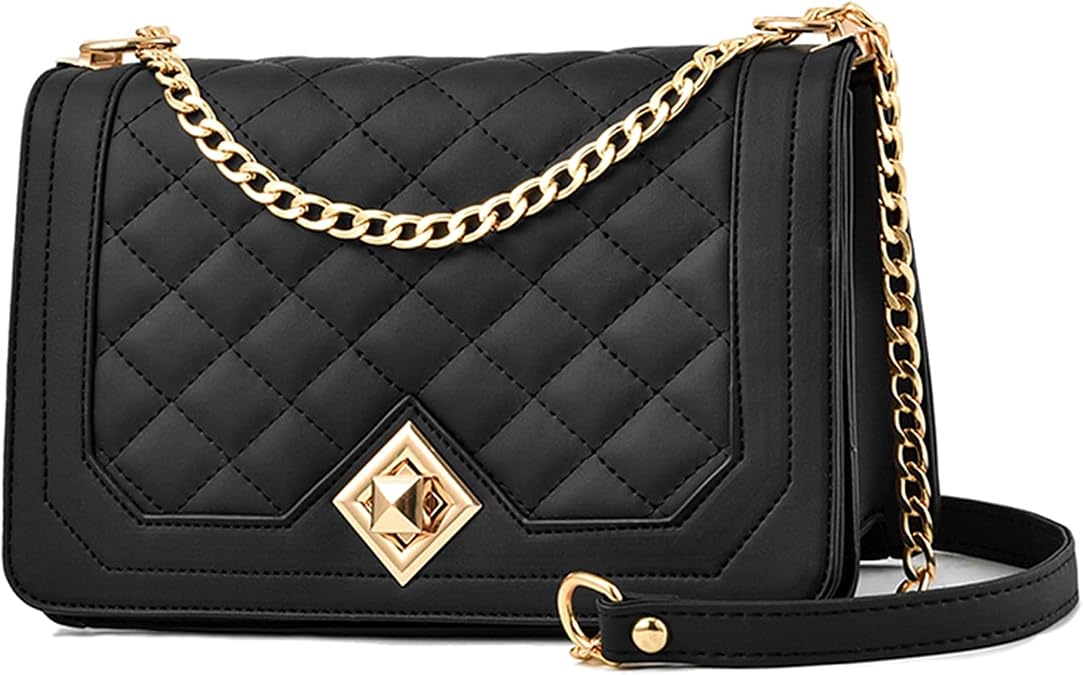 Travistar Crossbody Bags for Women Small Ladies Shoulder Bag Purse PU Leather Quilted Handbags with Gold Chain Strap Fashion Cute Cross Body Phone Bag Side Purses Black Evening Clutch