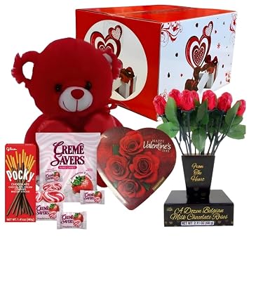 Valentines Day Gift Box Set, 10-inch Teddy Bear, Belgian Chocolate Roses, Heart Candy Collection