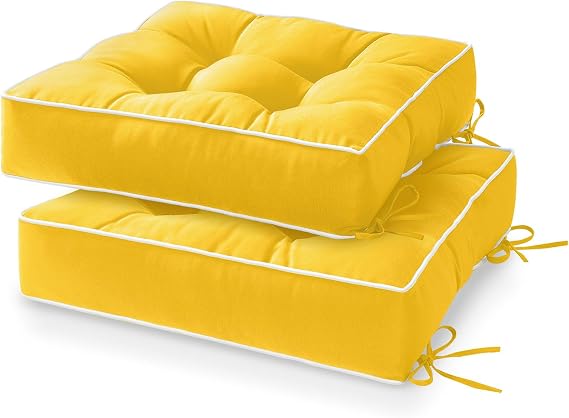 HARBOREST Outdoor Chair Cushions Set of 2, Tufted Patio Chair Cushions with Ties, Square Corner Outdoor Cushions for Patio Furniture, Lawn Chairs, Wicker Chairs, 19" x 19" x 5", Yellow