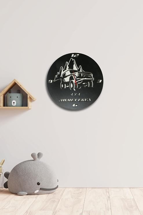 Hellove İsme Özel Çocuk Odası Saati Ahşap Duvar Saati Araba Temalı Saat