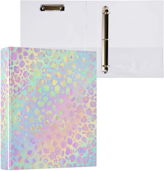 3 Ring Binder, Rainbow Leopard Print Neon File Folder Holds 200 Sheets File Storage for Women Men School Office Supplie
