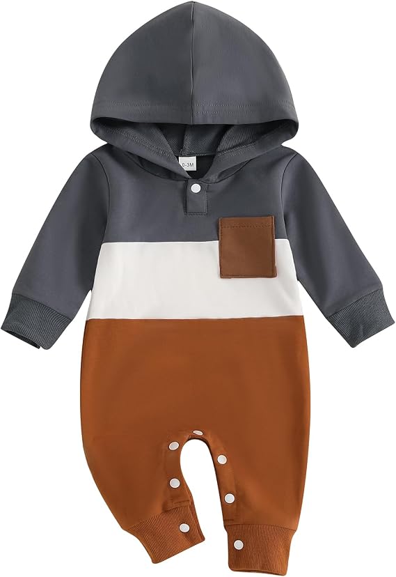 BemeyourBBs Newborn Baby Boy Clothes Color Block Hooded Romper Outfits | Baby Boy One Piece Outfit for Fall, Winter and Spring, Long Sleeve Hoodie Jumpsuit, Color Block Design, Soft, Skin-friendly
