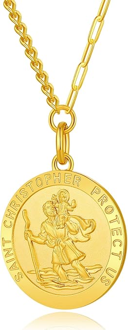 Saint Christopher Medal Necklace for Men 18K Gold Plated Religious Pendant, Protector Talisman Gift for Travelers